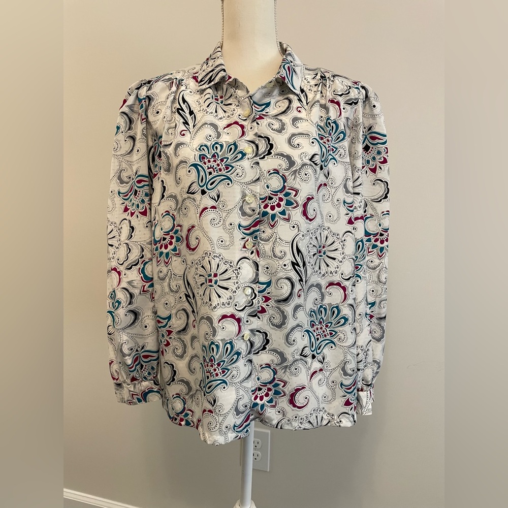 Devon Vintage Paisley Long Sleeve Career Blouse Size 14 Teal Magenta White Work